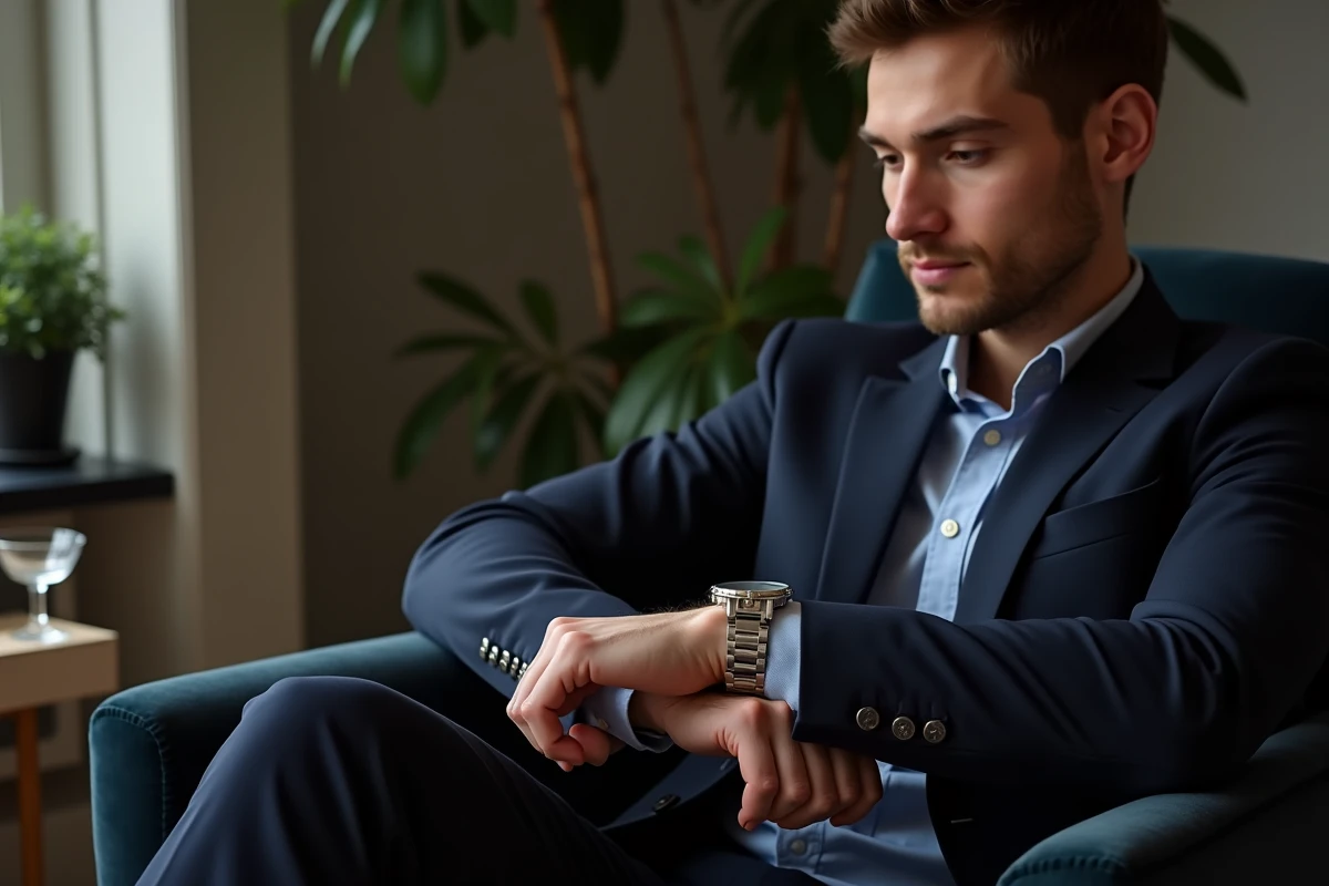 Homme en costume bleu marine attachant une montre argentée le jour de l'an, assis dans un fauteuil en velours