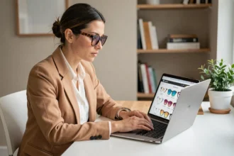 Femme élégante consultant un site de vente de lunettes tendance 2026 en ligne sur son ordinateur portable dans un bureau moderne