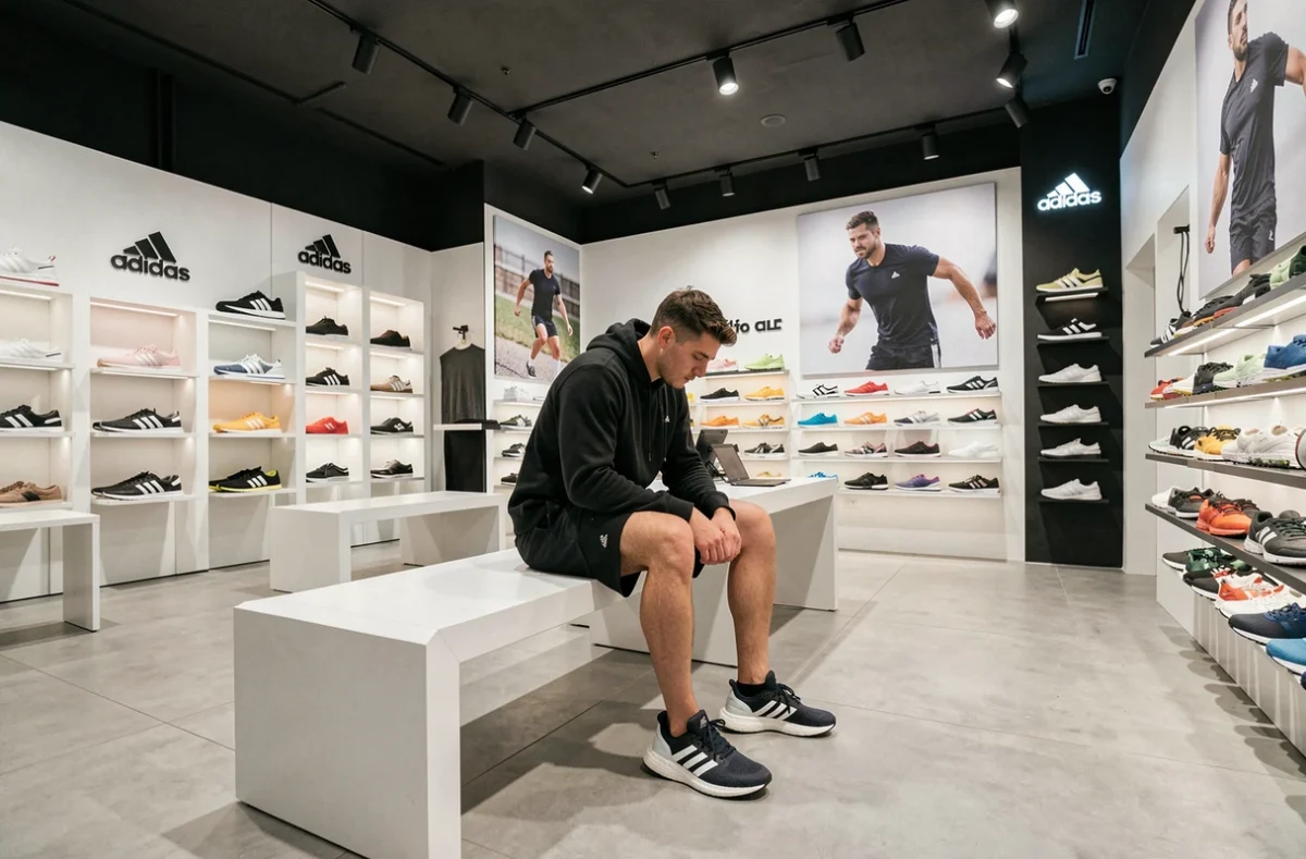 Intérieur de la boutique Adidas de Lyon avec un jeune client essayant des sneakers Ultraboost sur un banc minimaliste sous l'enseigne trois bandes