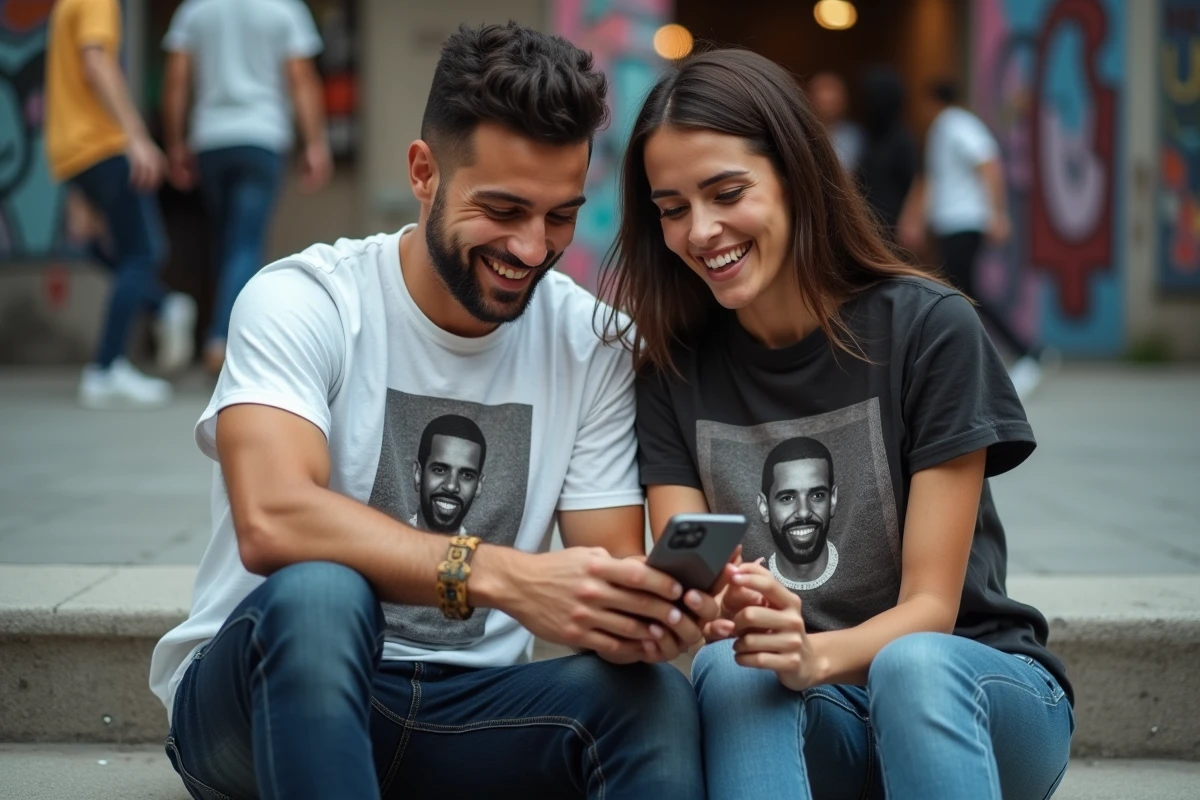 Deux amis fans de Drake portant des t-shirts graphiques assis devant une salle de concert
