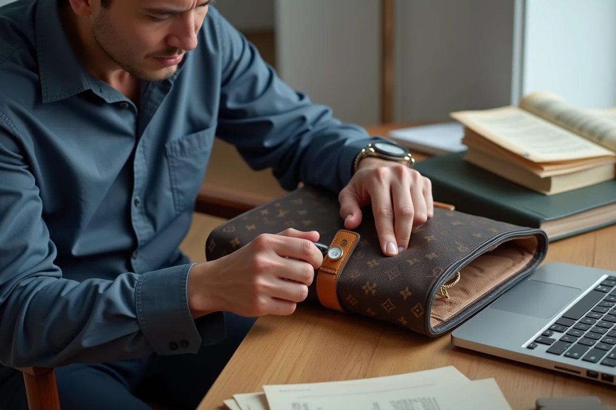 Homme utilisant une loupe pour authentifier un code date sur un sac Louis Vuitton Speedy