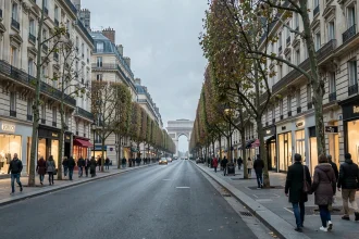 Vue panoramique de l'Avenue des Champs-Élysées avec ses boutiques, ses arbres et ses piétons en plein après-midi parisien