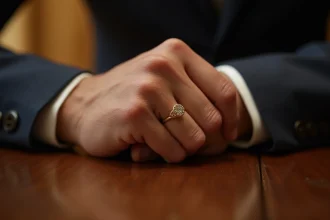 Bague Cartier Love homme en or jaune portée à la main, vue rapprochée sur les motifs vis iconiques