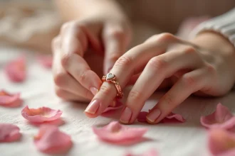 Bague cœur magnétique en or rose tenue entre les doigts d'une femme, posée sur une nappe en lin avec des pétales de rose séchés