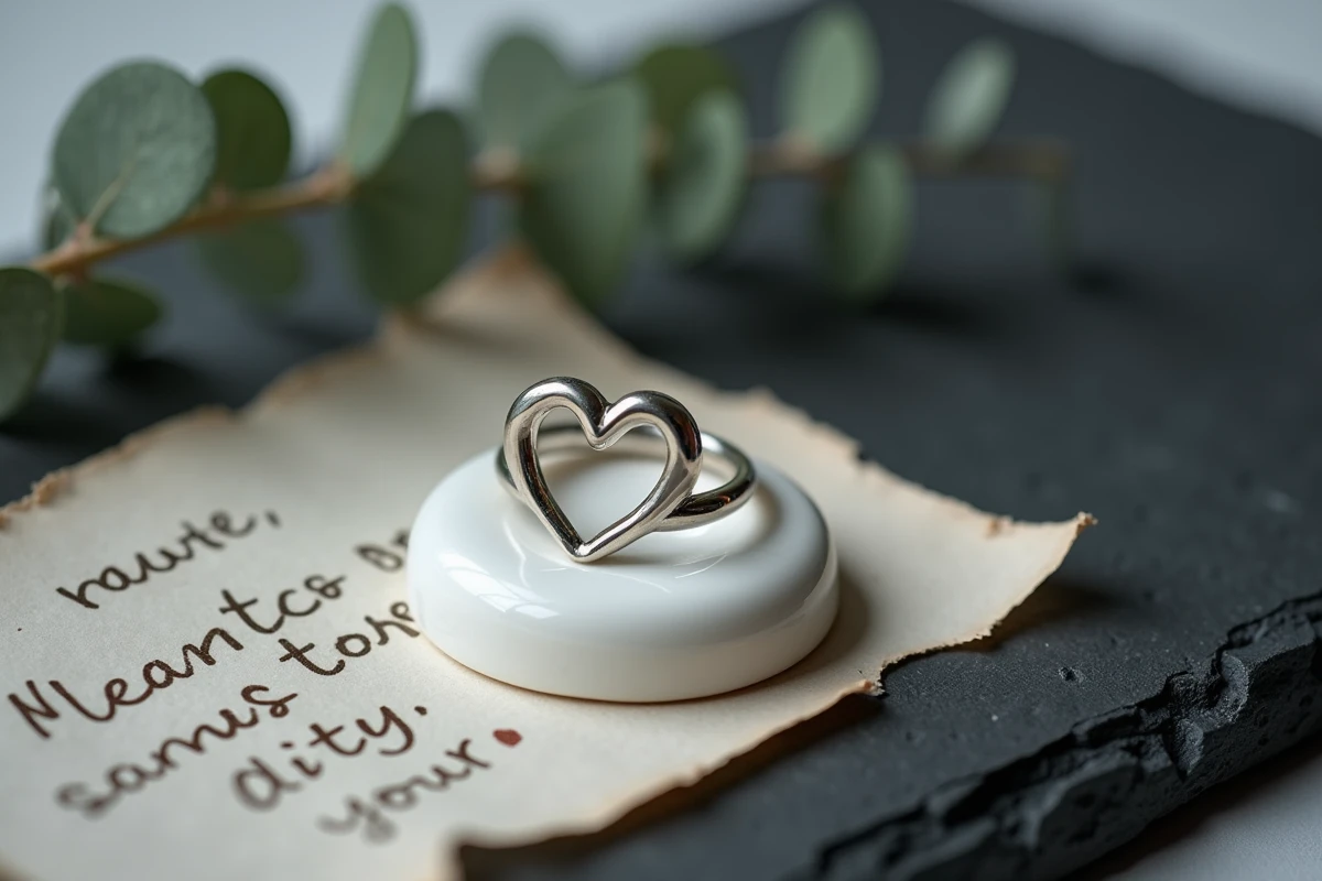 Bague cœur magnétique en argent posée sur un porte-bague en céramique blanche avec un mot manuscrit et de l'eucalyptus, vue de dessus