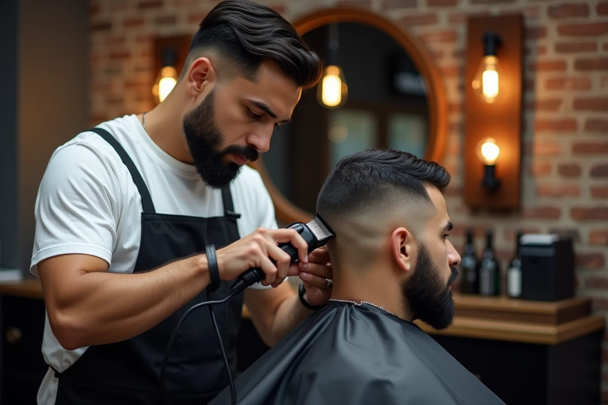 Barbier professionnel corrigeant et fondant un taper bas raté sur un client avec une tondeuse et un peigne fin dans un salon urbain moderne