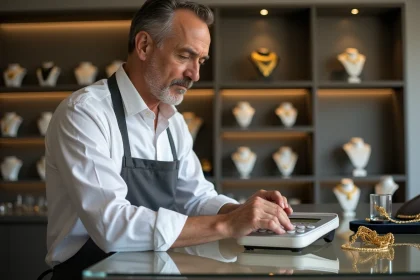 Bijoutier pesant une chaîne en or 18 carats avec précision