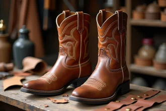 Bottines country femme en cuir cognac posées sur un établi en bois dans un atelier de maroquinerie artisanale