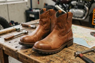 Paire de bottines homme style cowboy pour moto en cuir marron posée sur un établi en bois dans un garage, avec détails de coutures et semelles renforcées visibles