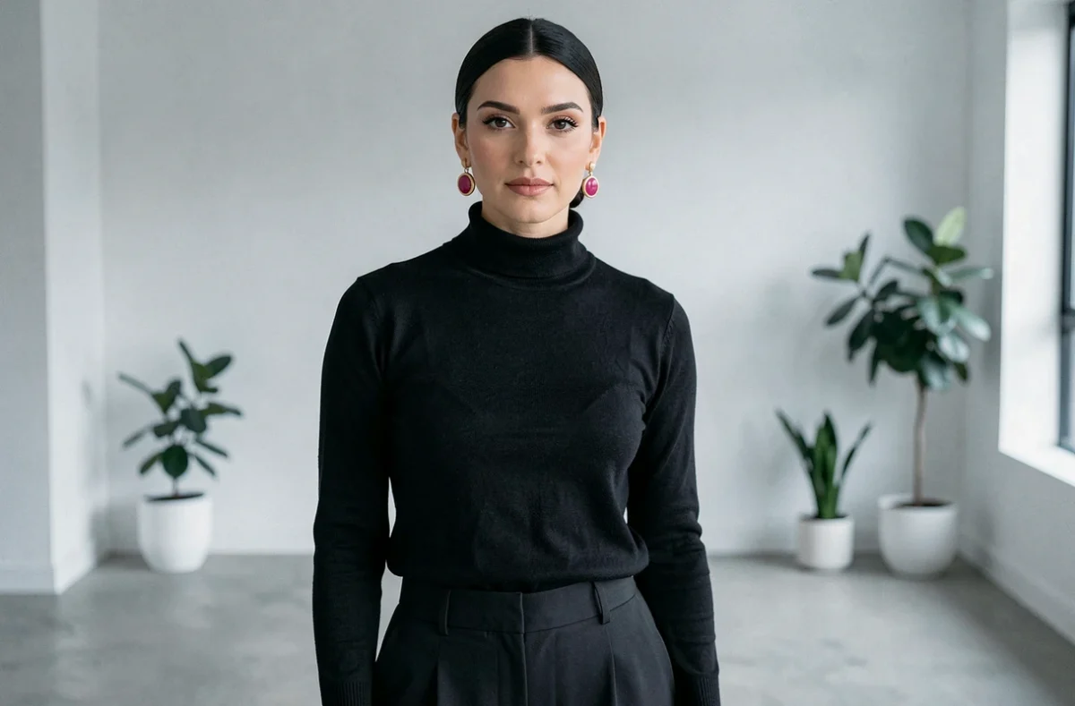 Femme élégante avec un chignon bas portant une boucle d'oreille Dragon Ball rose et dorée avec un col roulé noir dans un appartement moderne