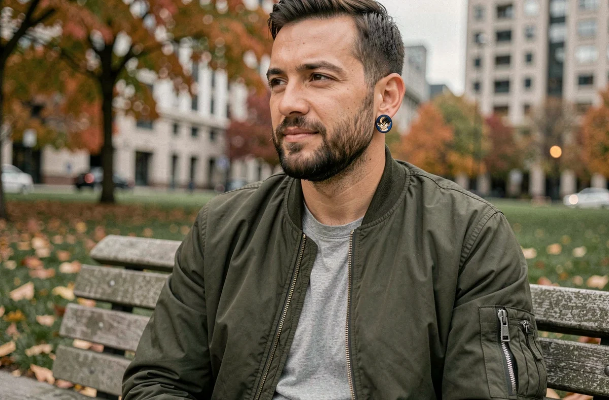Homme barbu portant une boucle d'oreille Dragon Ball style Potara avec un bomber jacket dans un parc urbain en automne