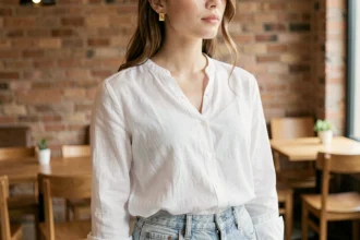 Jeune femme portant une boucle d'oreille Dragon Ball Potara dorée au quotidien avec une tenue casual chic dans un café urbain