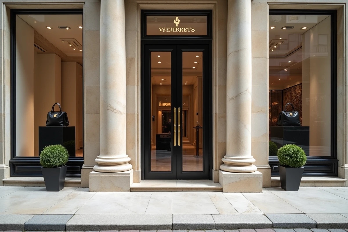 Entrée majestueuse d'une boutique de luxe sur l'Avenue Montaigne à Paris avec colonnes en pierre polie, vitrine minimaliste et sac de créateur exposé