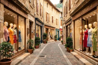 Rue commerçante avec boutiques de vêtements dans l'Ain