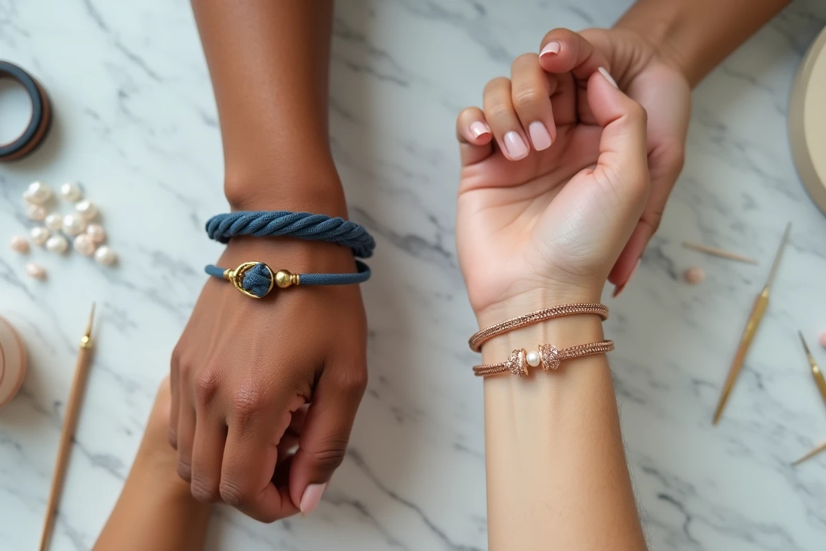 Deux poignets féminins côte à côte portant des bracelets cordon assortis sur fond marbre dans un atelier créatif