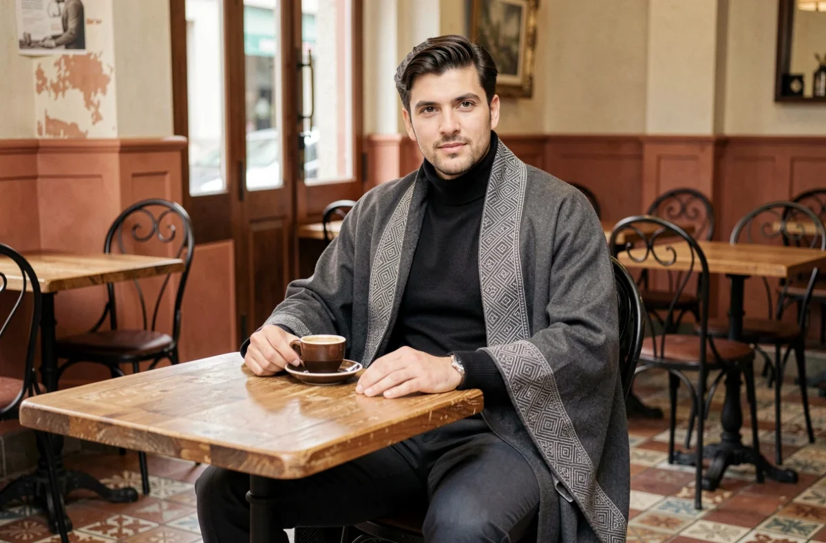 Homme assis dans un café parisien portant un burnous gris charbon brodé superposé sur un col roulé noir pour un look contemporain