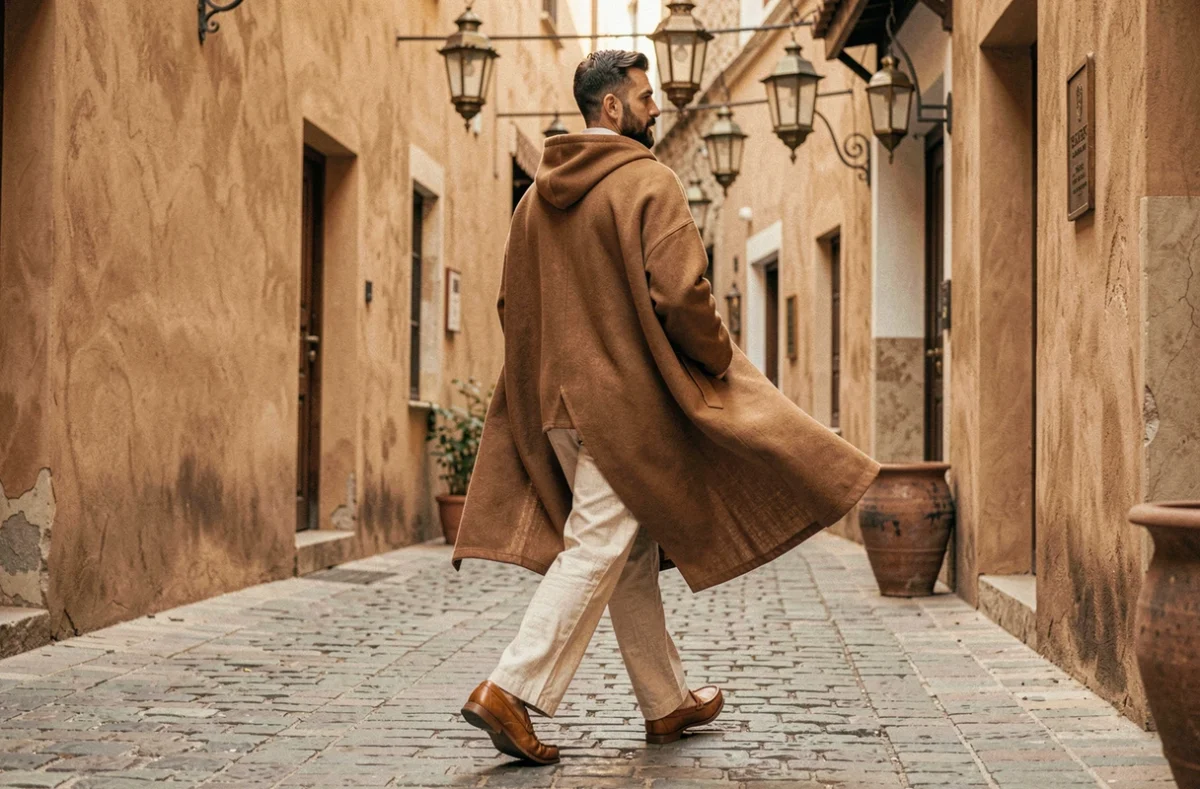 Homme marchant dans une ruelle de médina portant un burnous camel en poil de chameau avec un pantalon en lin blanc pour un style moderne et culturel