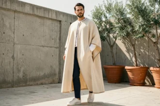 Homme portant un burnous traditionnel ivoire avec un pantalon slim indigo et des sneakers blanches sur une terrasse urbaine moderne
