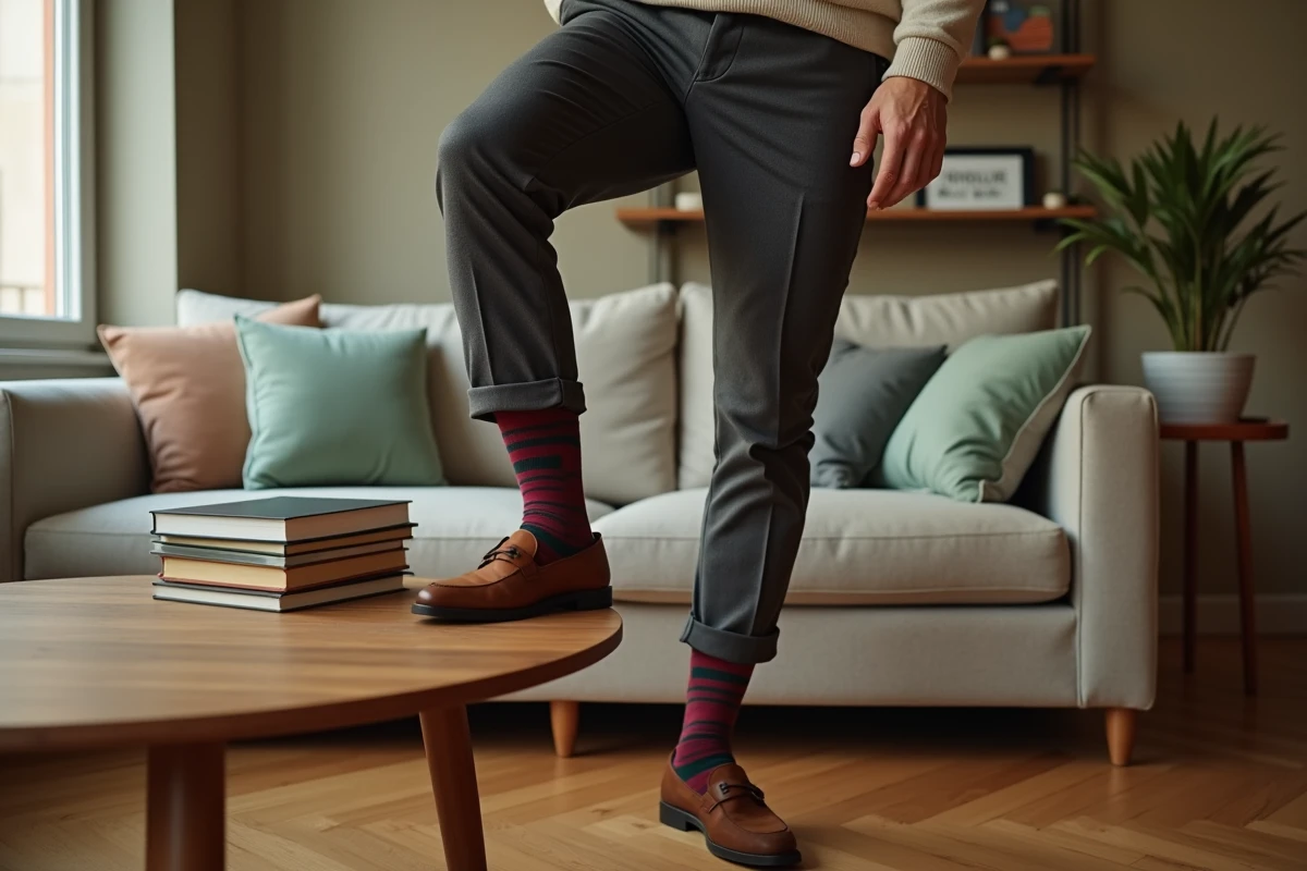 Homme en intérieur parisien avec chaussettes rayées bordeaux et vert, associées à un pantalon en laine et des mocassins en daim