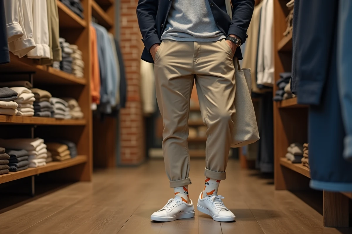 Homme en boutique de mode masculine avec chaussettes à motif renard visibles sous un pantalon en lin et des sneakers blanches