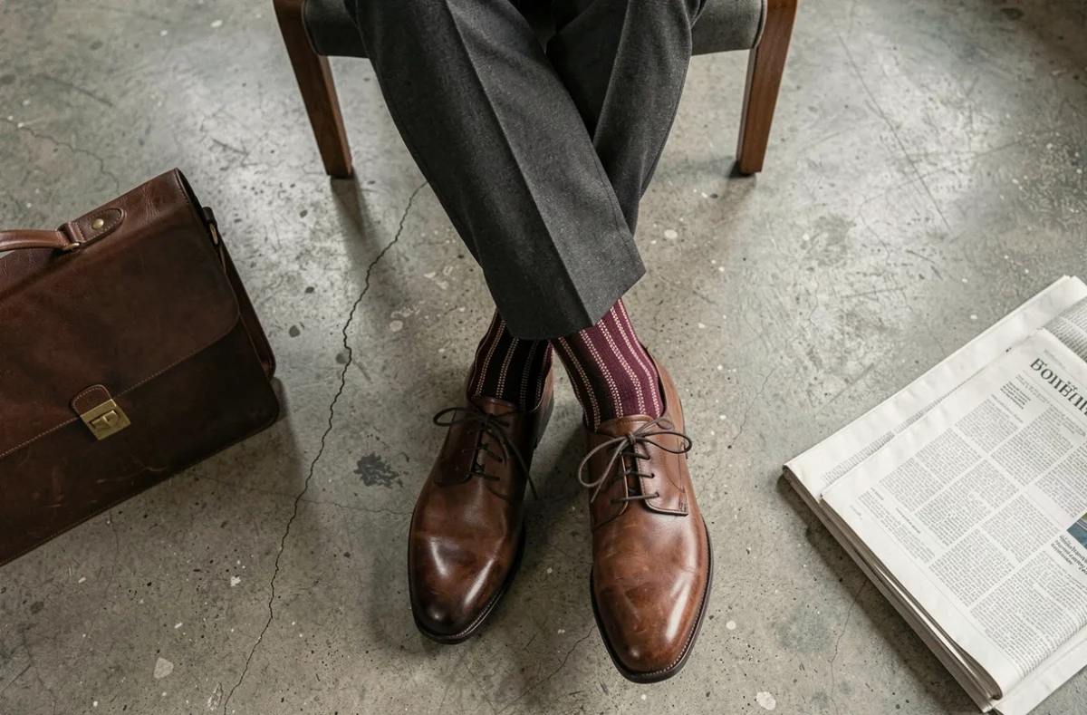 Gros plan sur des chaussettes rayées bordeaux et ivoire portées avec des chaussures derby sous un pantalon charbon au bureau