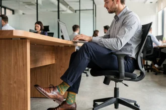 Homme au bureau portant des chaussettes colorées à motifs géométriques sous un pantalon marine retroussé