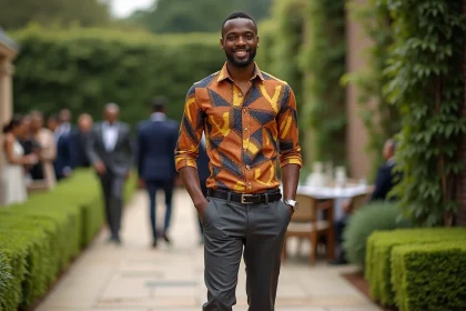 Homme en chemise africaine wax colorée et pantalon habillé gris lors d'une réception de mariage en extérieur