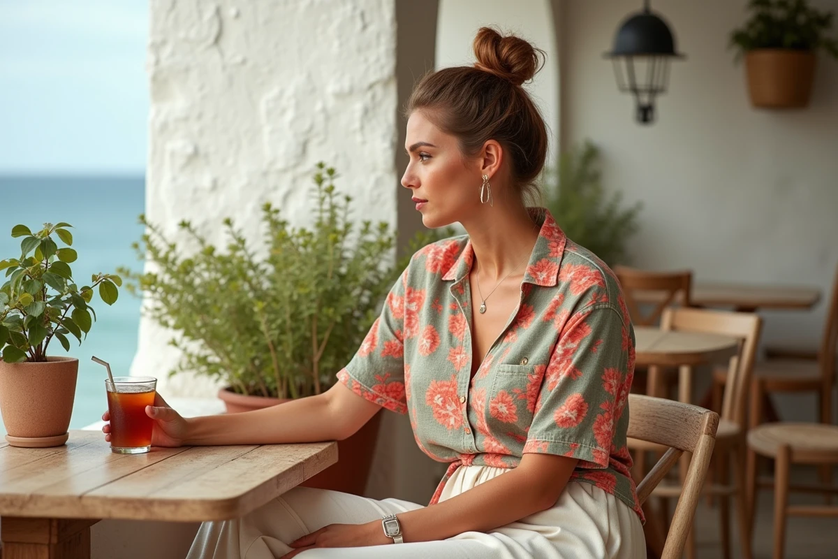 Femme ronde en chemisier de plage fleuri corail et vert assise en terrasse d'un café balnéaire avec un verre de thé glacé