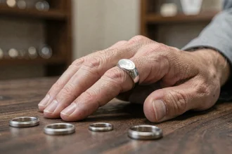 Main d'homme portant une chevalière en argent massif posée sur une surface en bois sombre, vue en gros plan réaliste