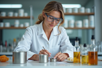 Chimiste femme en laboratoire préparant des cires naturelles