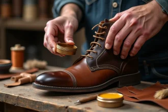Artisan appliquant de la cire sur une botte en cuir marron foncé avec un pinceau en crin sur un établi de cordonnier