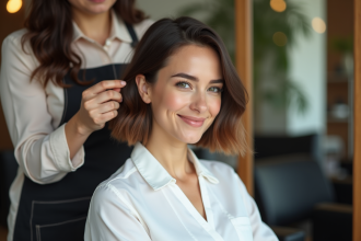 Femme avec coupe bob dans un salon moderne