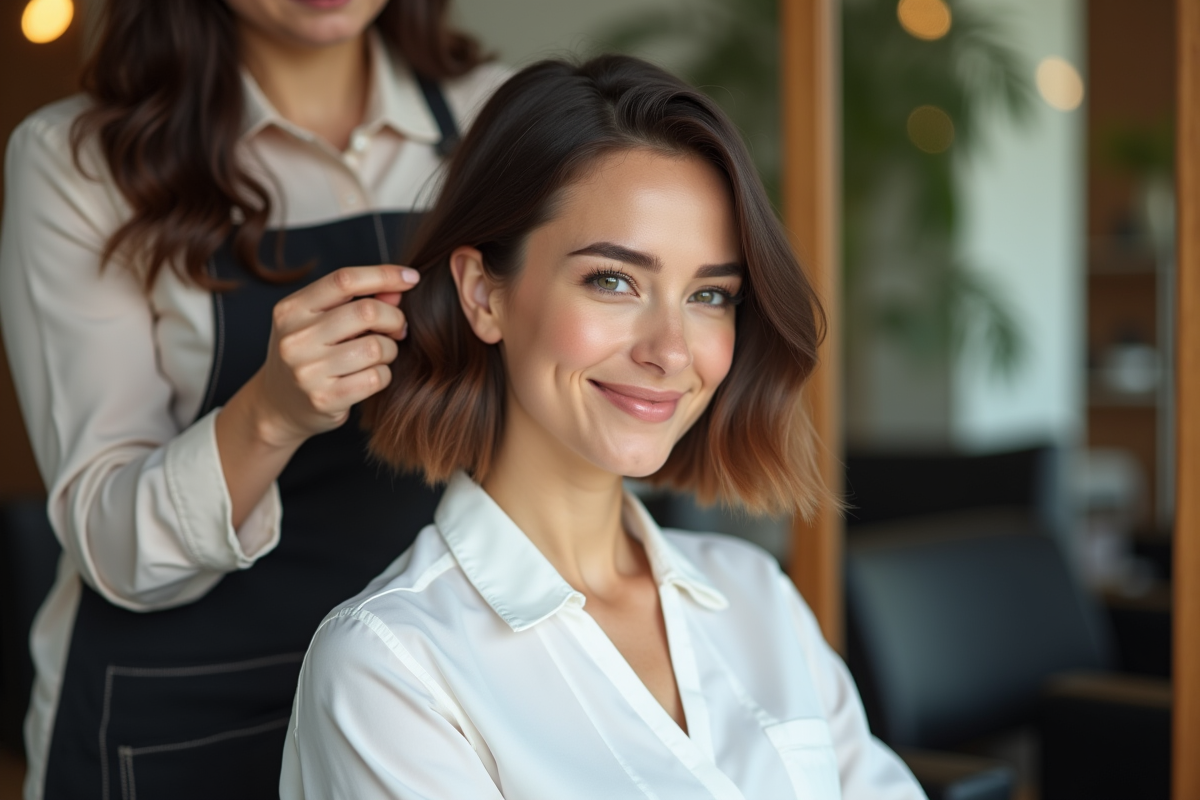 Femme avec coupe bob dans un salon moderne