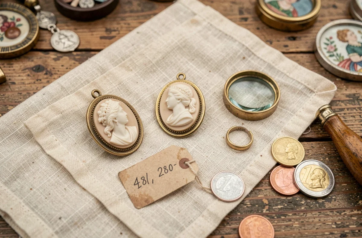 Collection de camées bijoux anciens avec étiquettes de prix lors d'une vente entre particuliers