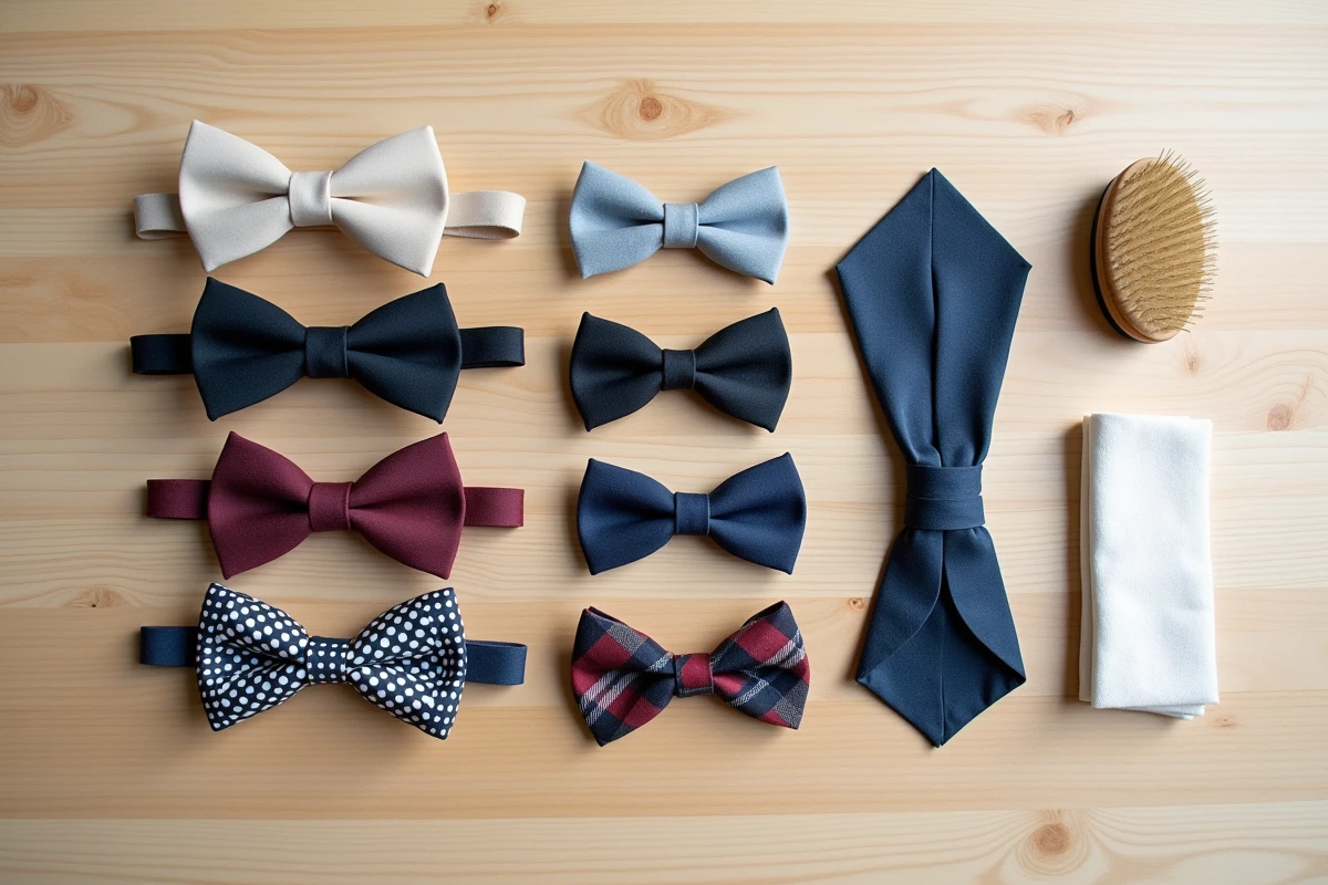 Présentation à plat de nœuds papillons variés avec accessoires d'entretien sur bois clair