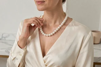 Femme portant un collier de perles blanches classiques longueur ras-de-cou, perles de 8mm, blouse en soie ivoire, ambiance élégante et minimaliste
