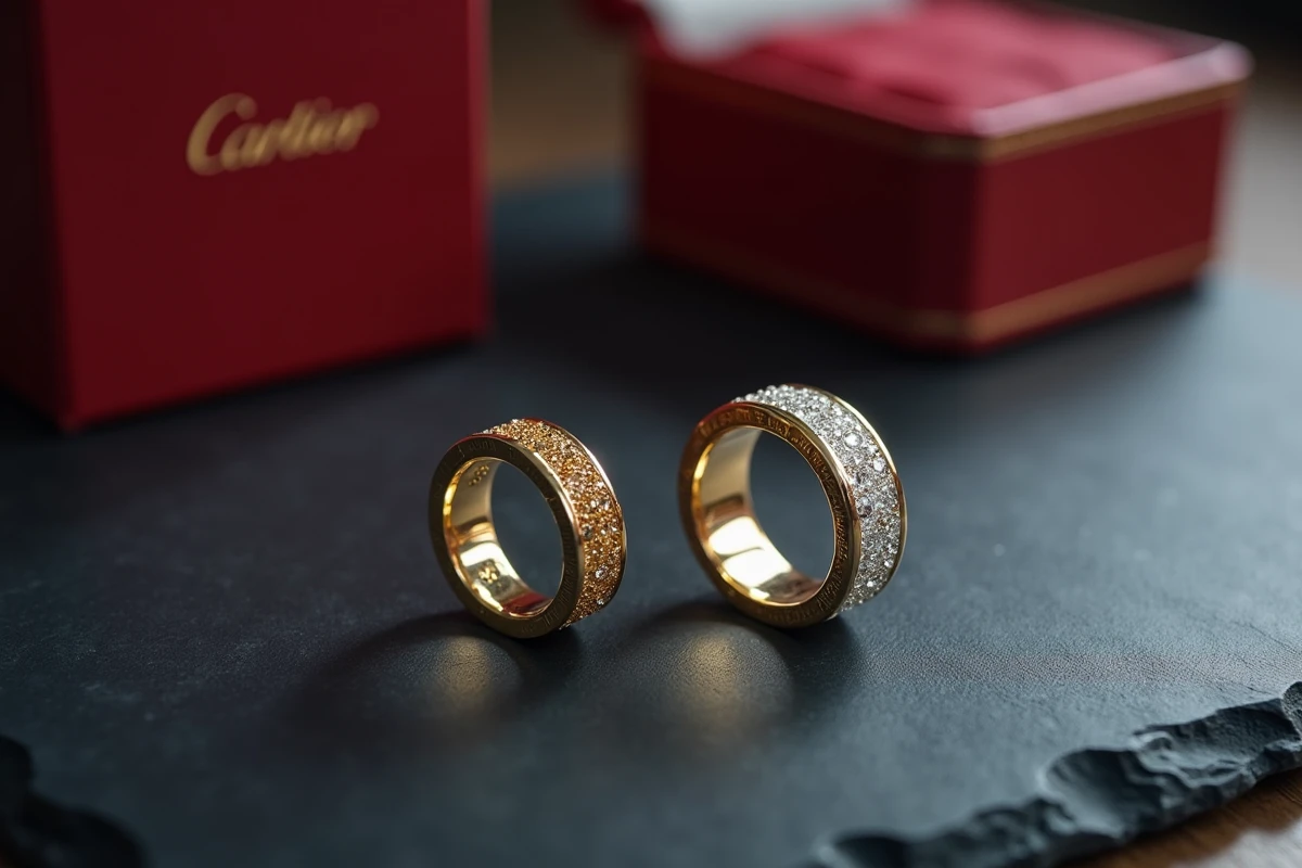 Comparaison entre une bague Cartier Love neuve et une bague d'occasion posées sur une surface en ardoise