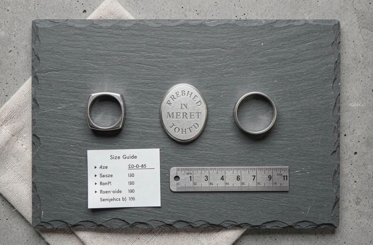Comparaison de trois chevalières en argent pour homme posées à plat avec guide des tailles, photo éditoriale produit