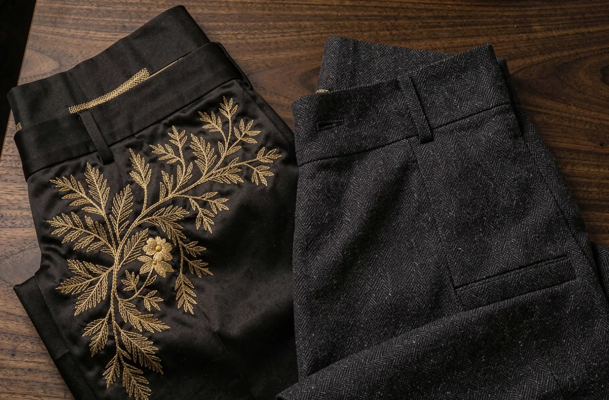 Comparaison de deux pantalons haute couture côte à côte, broderie dorée sur soie et laine hérringbone