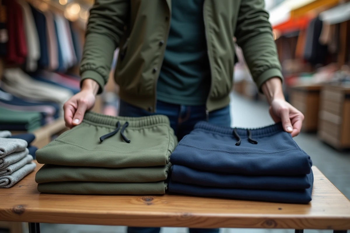Homme comparant deux sarouels jogging dans un marché de rue, qualité et prix des pantalons sarouel pour homme