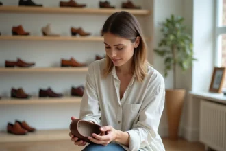 Femme examinant l'étiquette pointure d'une chaussure en cuir dans une boutique minimaliste, illustrant la comparaison des tailles UK, France et US