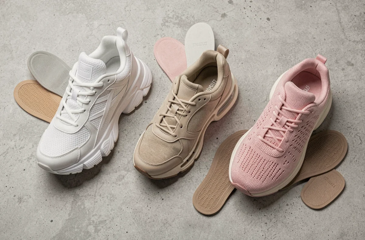 Trois paires de baskets confortables pour femme avec semelles intérieures posées à plat sur béton gris