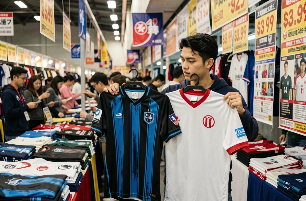 Jeune homme comparant deux maillots Blue Lock dans un marché de merchandising sportif avec des étiquettes de prix et des promotions visibles