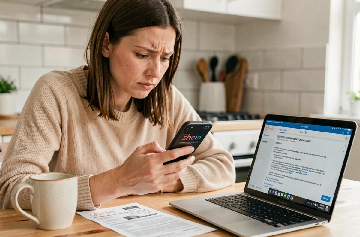 Femme consultant les conditions de livraison Shein sur son smartphone à la table de la cuisine, entourée de documents d'expédition