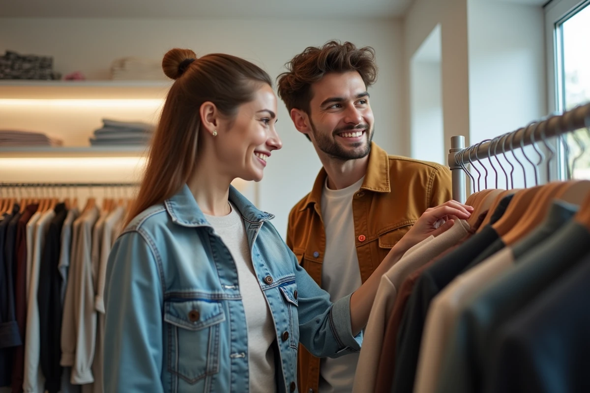 Couple en train de comparer des tailles de vêtements dans un magasin, illustrant les équivalences de tailles entre l'Australie et la France pour hommes et femmes