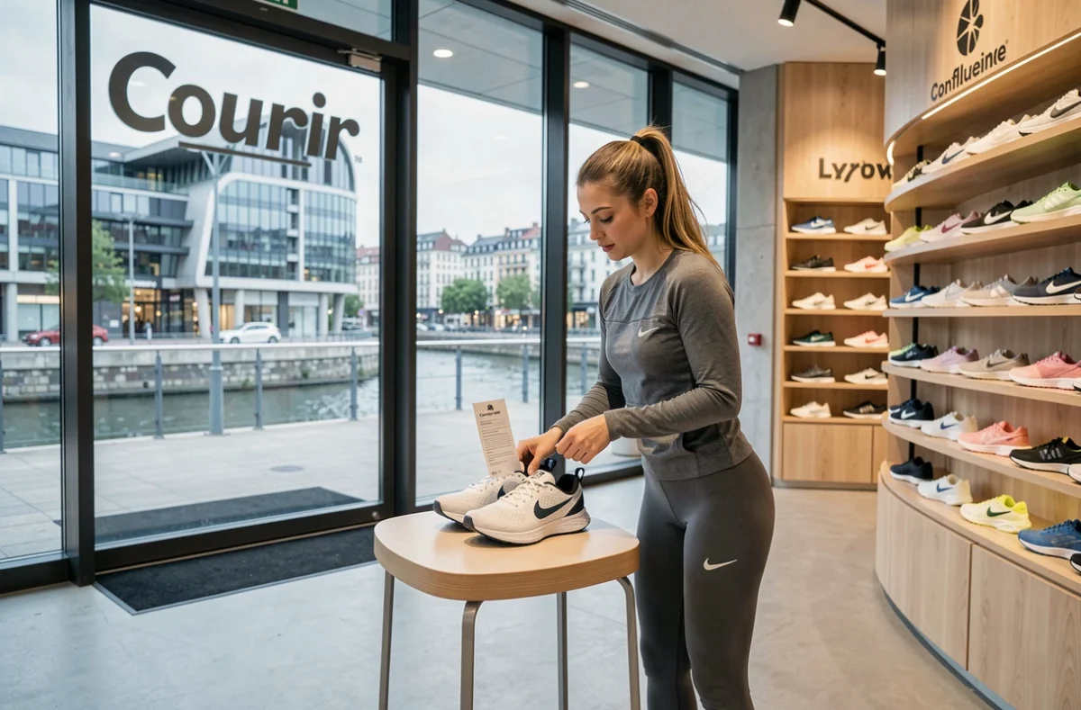 Boutique Courir à Lyon Confluence avec une jeune femme en tenue sportive essayant des chaussures de running près de l'entrée