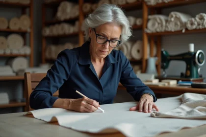 Femme couturière en atelier avec tissus et machine à coudre