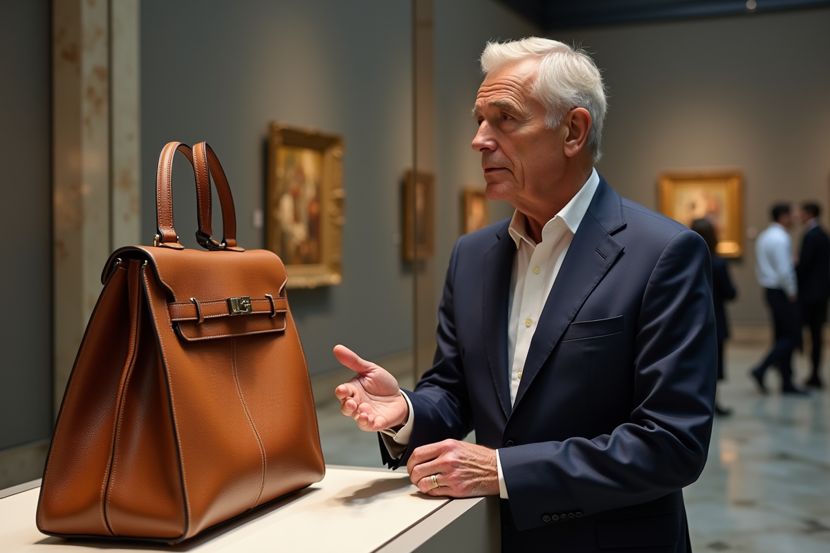 Curateur présentant un sac rare dans une galerie d