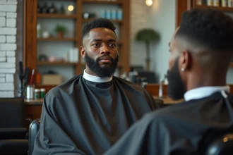 Jeune homme en chaise de barbier avec un dégradé trop court et mal fondu visible sur les tempes, examinant son reflet dans le miroir du salon