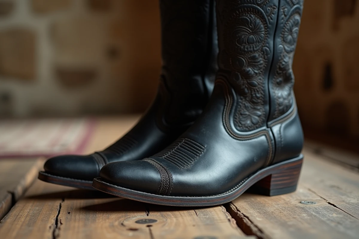 Gros plan sur les détails de couture et le motif brodé d'une bottine country femme en cuir noir de qualité
